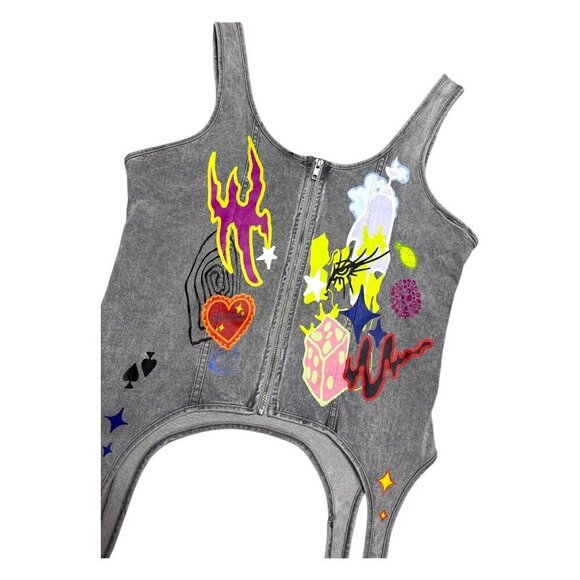 AKIRA Hand Painted CROPPED Sleeveless Denim Jean Luxury Designer Top Womens XL - Picture 7 of 7